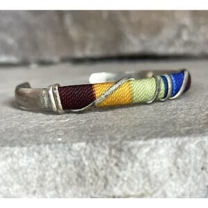 Vintage Sterling Silver Thread-Wrapped Textile Inlay Cuff Bracelet Multicolor